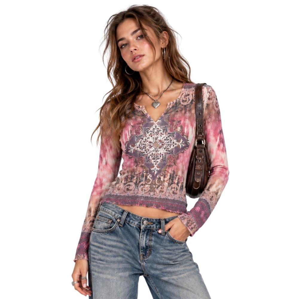 Y2K Fairy Boho Rhinestone Ribbed Knit Top Kiara Womens XL Pink Sunset Grunge